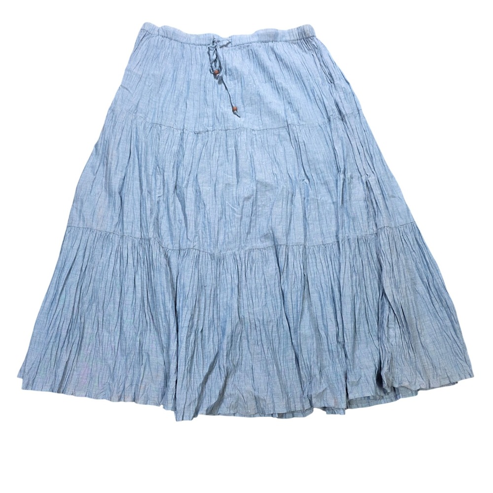 White Stag Tiered Midi Skirt Women's Size L (12-14) Blue Chambray Crinkle Cotton